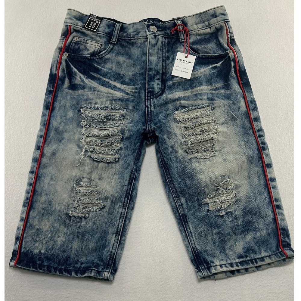 Lion Dynasty Acid Wash Distressed Denim Shorts Red Side Stripe Size 14 NEW